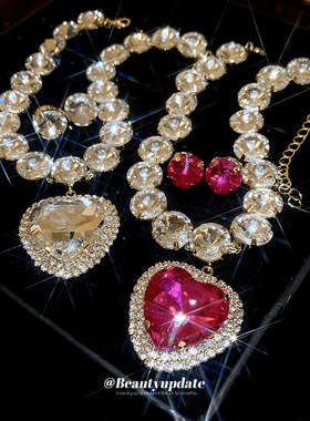 几何拼接镶钻爱心项链套装欧美夸