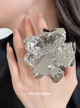 欧美跨境褶皱金属立体花朵戒指手