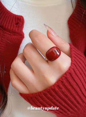 新年红色滴油椭圆形开口戒指小众