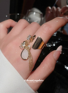 14k真金电镀锆石珍珠流苏开口戒