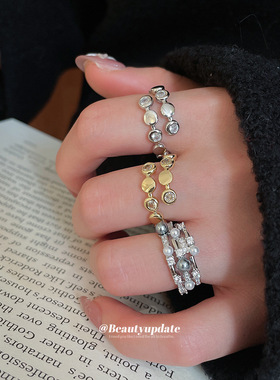 锆石三层珍珠开口戒指休闲简约个