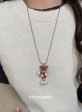 不锈钢链条植绒小熊项链秋冬个性