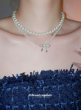 锆石珍珠串珠蝴蝶结吊坠项链两件