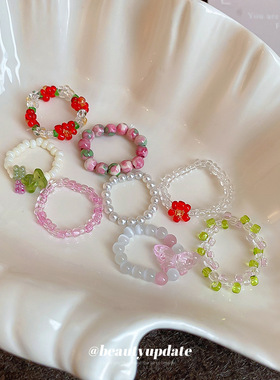 不规则花朵琉璃串珠弹力戒指通勤