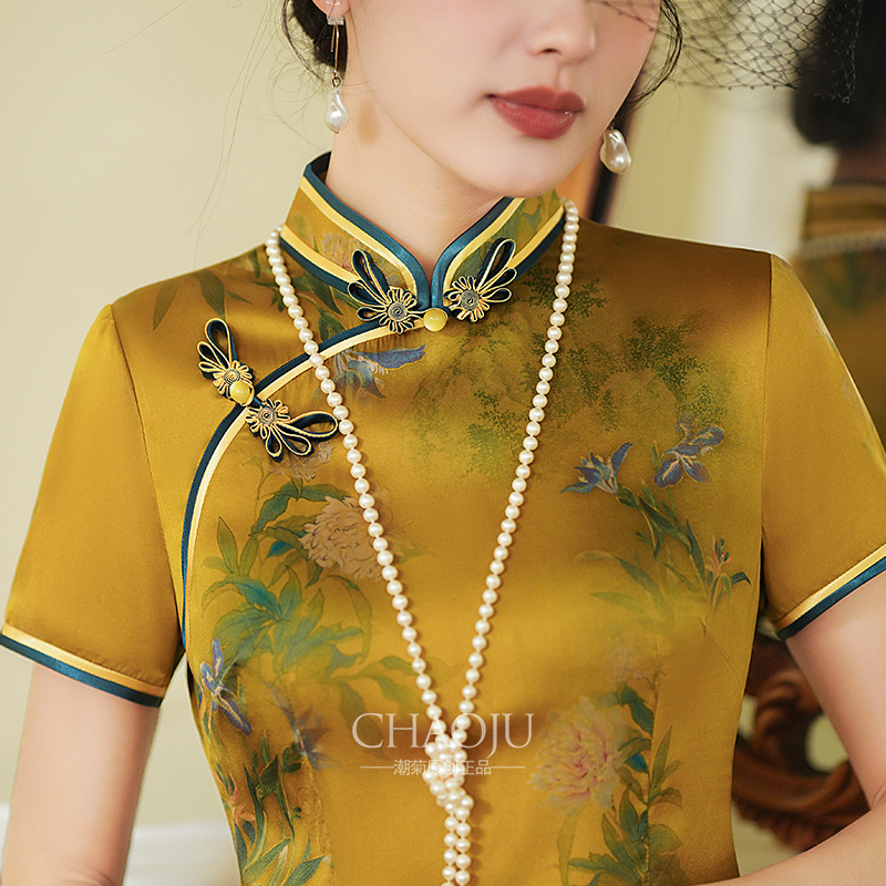 旗袍2024新款真丝桑蚕丝高端新中式走秀主持人年会礼服轻奢高级感