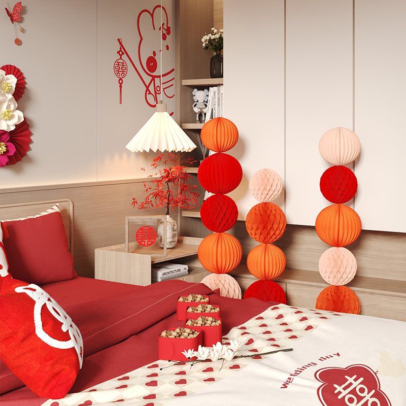 吾家婚品拉花卧室结婚男女方床头婚房布置装饰蜂窝球喜字挂饰套装,淘宝优惠券,粉丝福利购,淘宝优惠卷