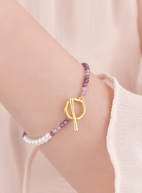 女925银设计感紫色水晶珍珠手链