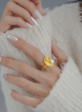 花朵珍珠戒指女开口可调节食指戒