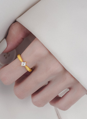 素圈拉丝锆石戒指女开口可调节