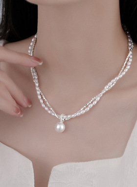 925银女碎银子双层珍珠项链