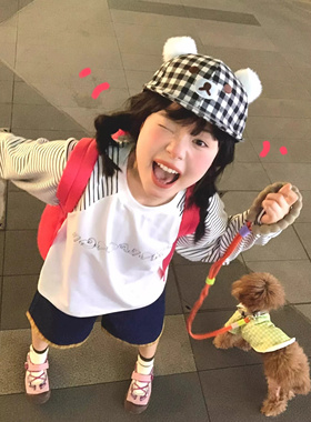 自制Kuma轻松熊黑白格纹棒球帽女小众可爱卡通小熊毛绒耳朵鸭舌帽