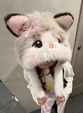 可爱卡通布偶猫耳朵毛绒帽子女款冬季保暖耳朵可动防寒雷锋帽甜美