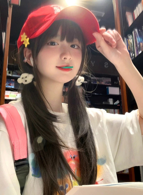 红色斑点狗棒球帽男女百搭ins韩系情侣鸭舌帽休闲显脸小遮阳帽子