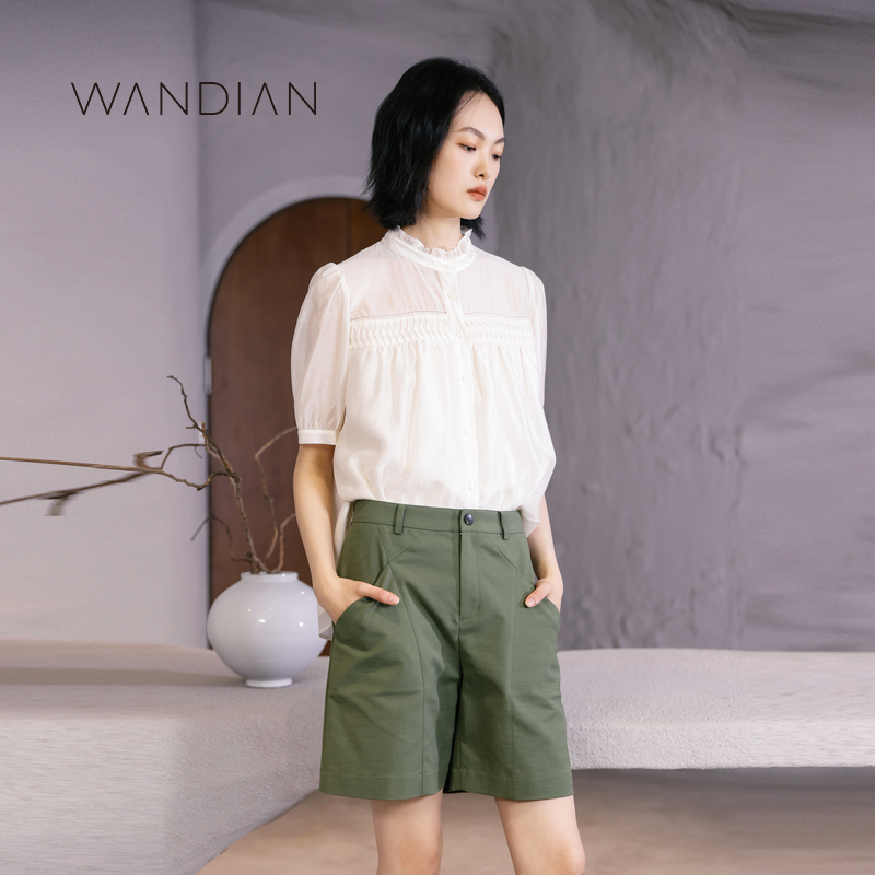 婉甸香槟米短袖上衣夏季新品宽松塔克工艺舒适小衫1232S15DJ5 - 图2