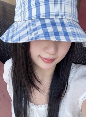 小清新蓝色格子格纹渔夫帽春夏季