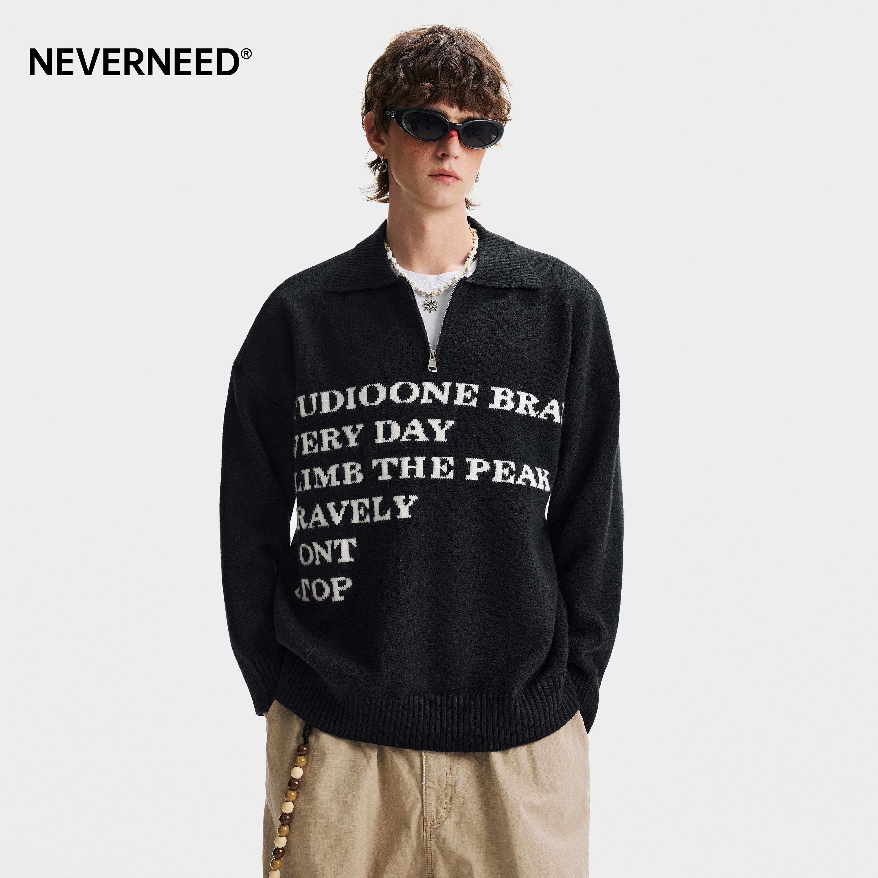 NEVERNEED半拉链polo领毛衣男女冬季美式简约字母慵懒套头针织衫,淘宝优惠券,粉丝福利购,淘宝优惠卷