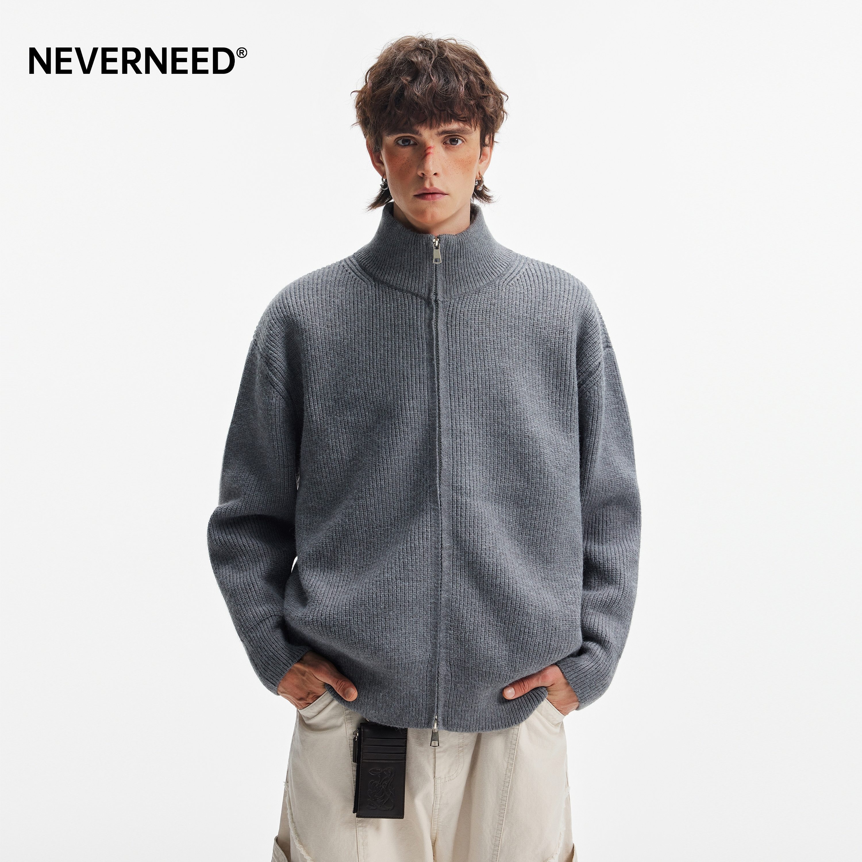 NEVERNEED双拉链立领开衫毛衣男女冬季美式休闲慵懒风针织衫外套,淘宝优惠券,粉丝福利购,淘宝优惠卷