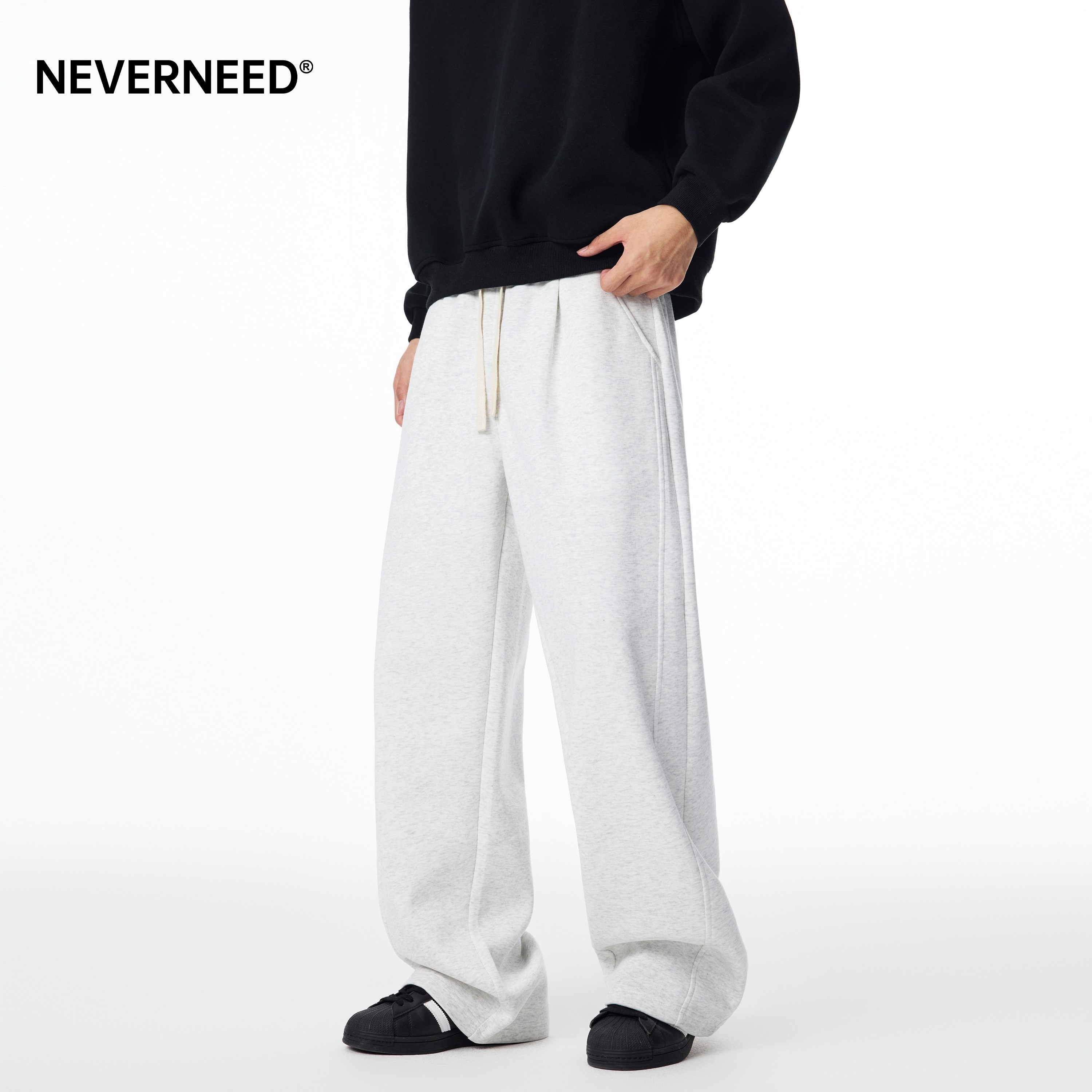 NEVERNEED宽松休闲加绒卫裤男女秋冬季美式垂感A字运动直筒长裤子,淘宝优惠券,粉丝福利购,淘宝优惠卷