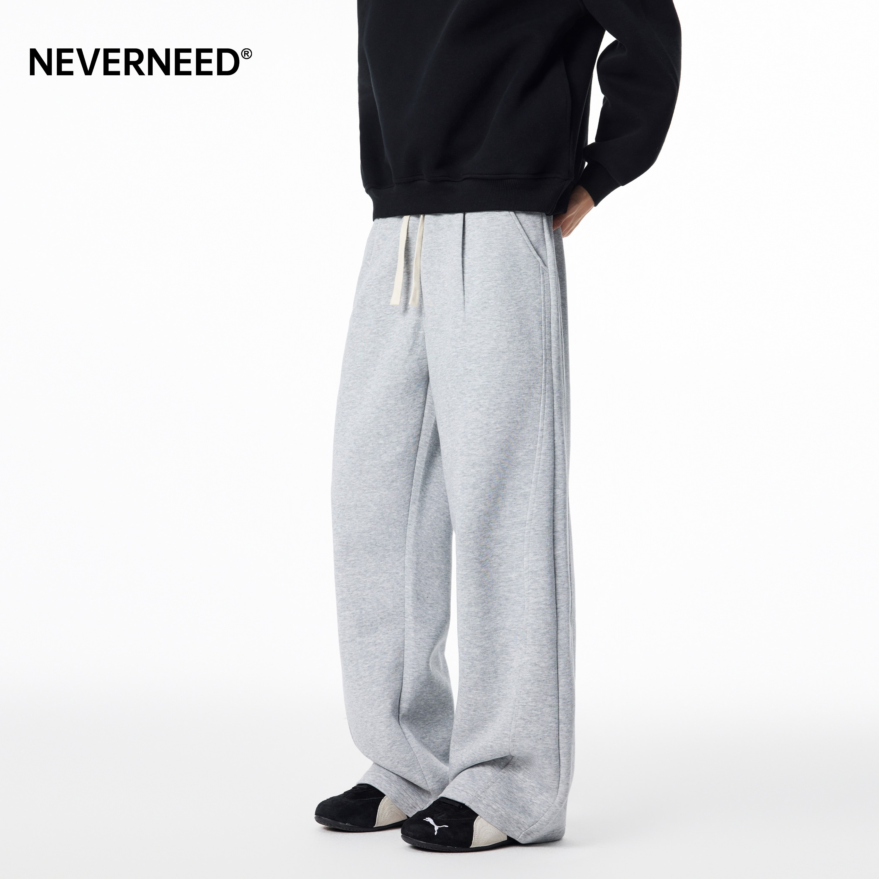 NEVERNEED宽松休闲加绒卫裤男女秋冬季美式垂感A字运动直筒长裤子,淘宝优惠券,粉丝福利购,淘宝优惠卷