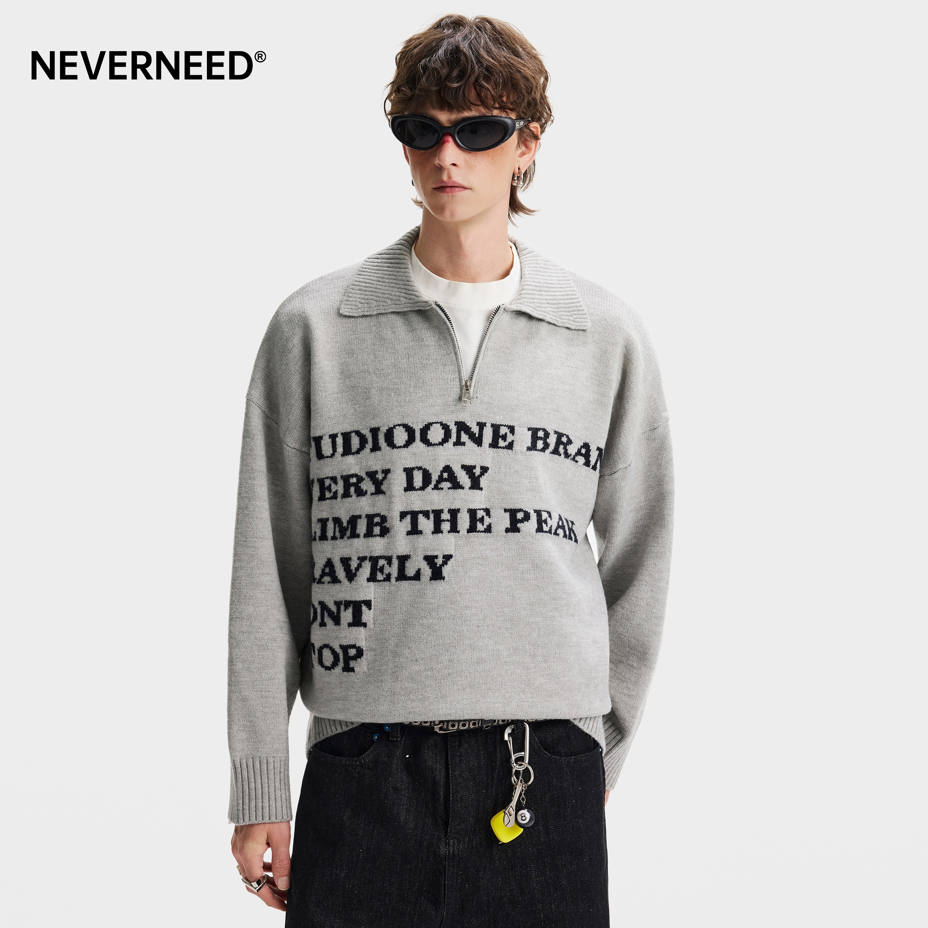NEVERNEED半拉链polo领毛衣男女冬季美式简约字母慵懒套头针织衫,淘宝优惠券,粉丝福利购,淘宝优惠卷