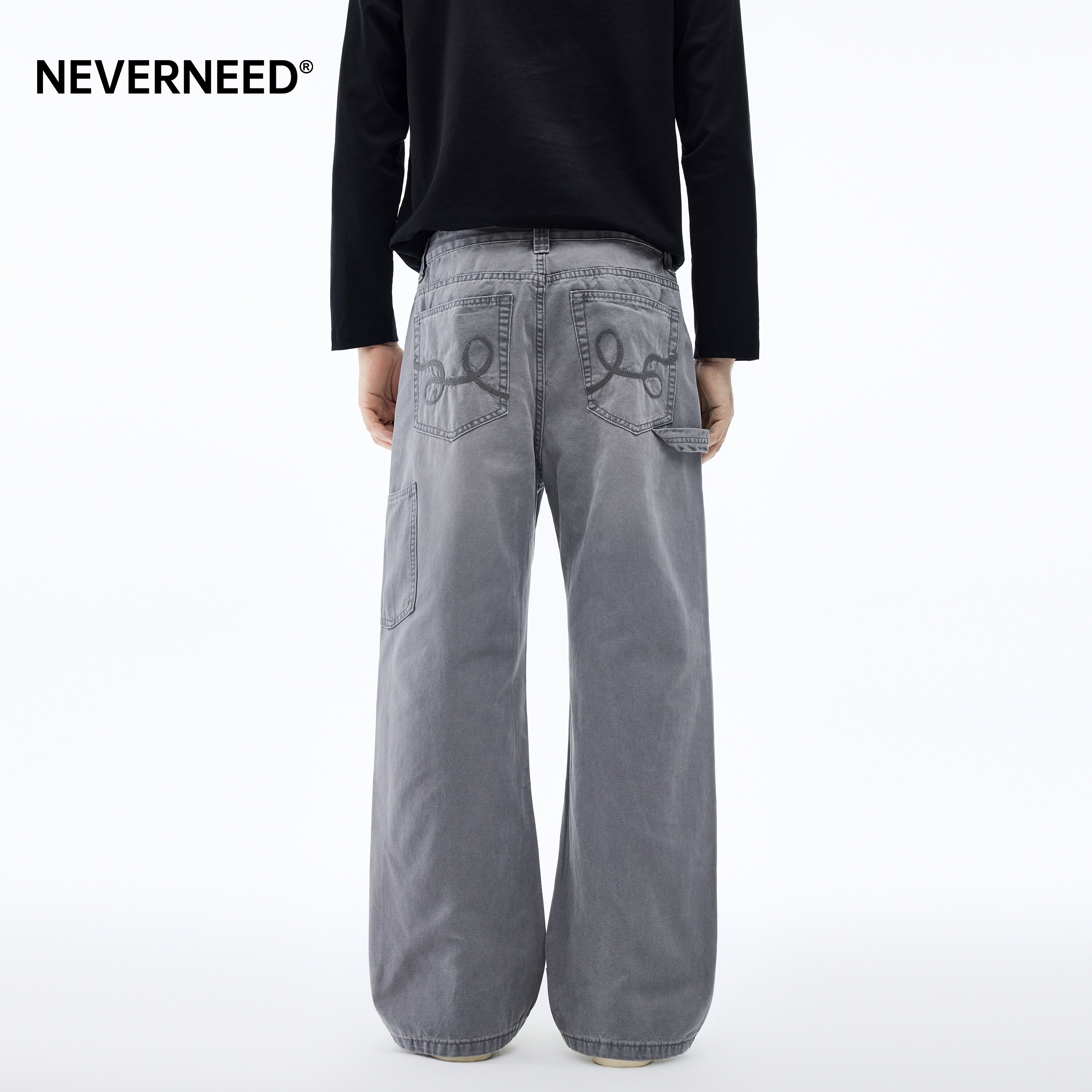 NEVERNEED纯棉直筒阔腿牛仔裤男女春季美式复古cleanfit微喇裤