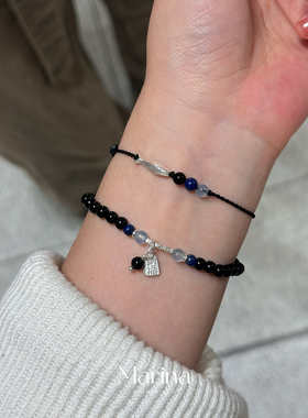 好运锦鲤｜天然黑曜石海蓝宝招财纳福小鱼手串手绳手工制作925银