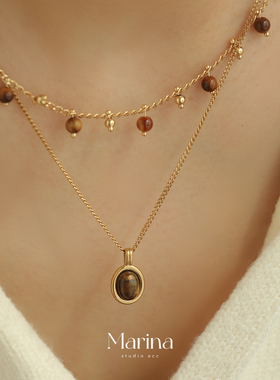 美拉德天然虎眼石多层叠戴项链【复古焦糖】轻奢小众设计感颈链