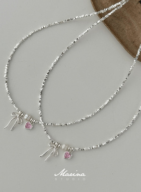 芭蕾少女心通体s925纯银蝴蝶结粉色爱心碎银子项链锁骨链天然珍珠