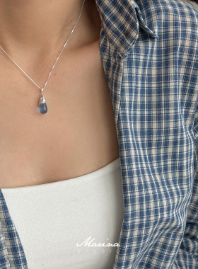 【人鱼眼泪】夏日海边蓝色水滴项链 通体s925纯银猫眼石锁骨链女