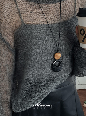 天然黑曜石皮绳毛衣链长款