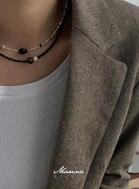 爱心黑玛瑙碎银子项链