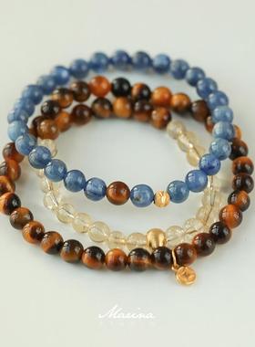 新中式天然虎眼石黄水晶库克蓝晶石手串叠戴小众设计高级女手链