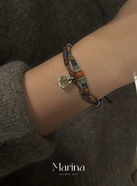 通体925银 复古亚比手链双层叠戴天然石手工编织美拉德波西米亚