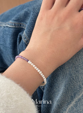 【奶油葡萄】紫水晶天然淡水珍珠串珠弹力绳戒指食指戒天然石女