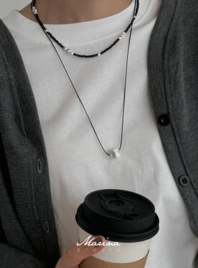 s925纯银纹理珠黑色皮绳项链