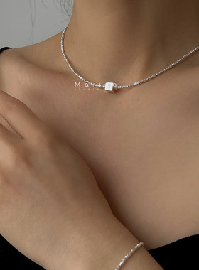 s925纯银小方糖纤细碎银子项链