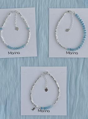 蓝海鱼｜小众天然海蓝宝锦鲤小鱼碎银子手链通体S925银天然石手串