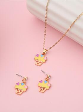 地摊货源韩版甜美流行儿童首饰时尚蘑菇合金滴油项链耳钉耳环套装