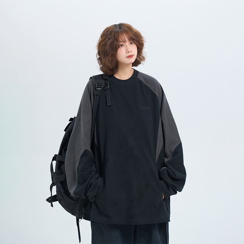 阿于呆日系复古撞色拼接插肩圆领卫衣男宽松休闲百搭纯棉长袖T恤 - 图0