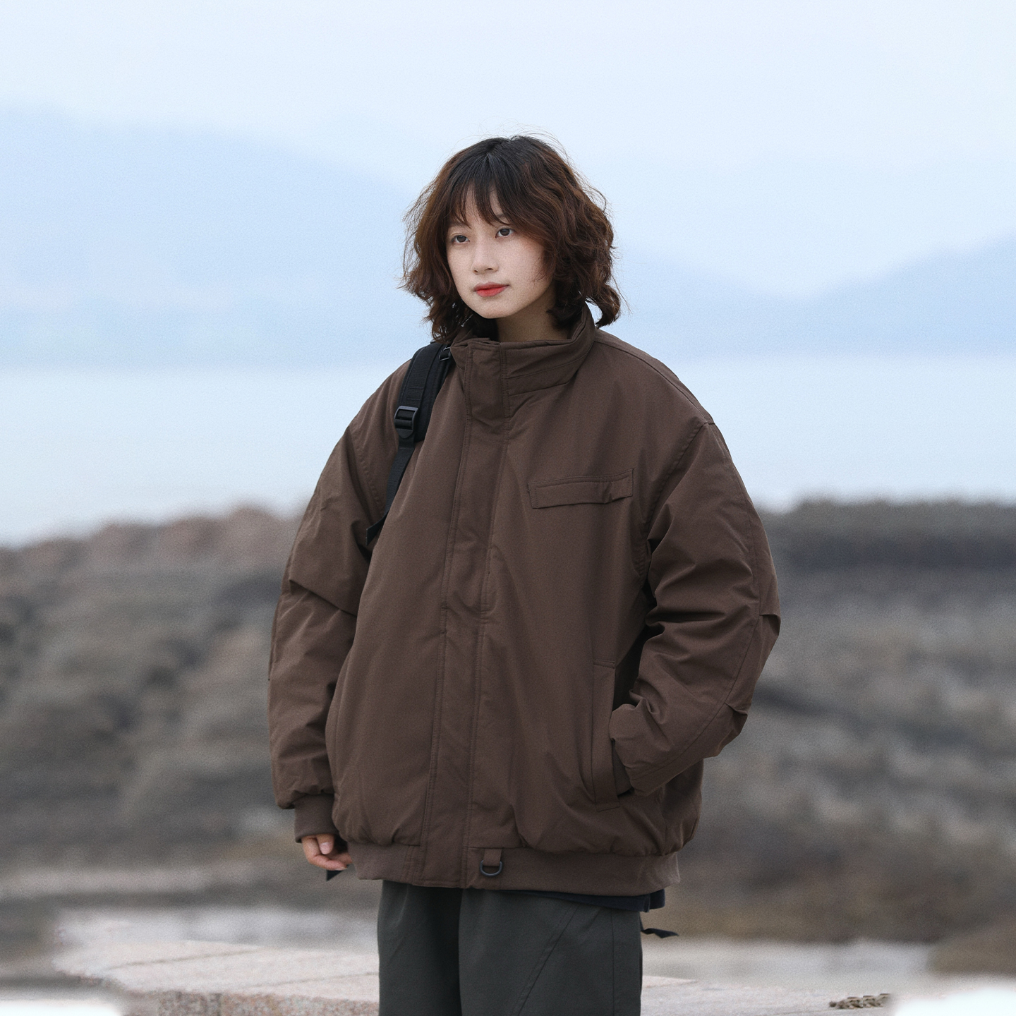 阿于呆冬季美拉德加厚立领棉服男美式复古宽松纯色保暖棉衣外套女 - 图1