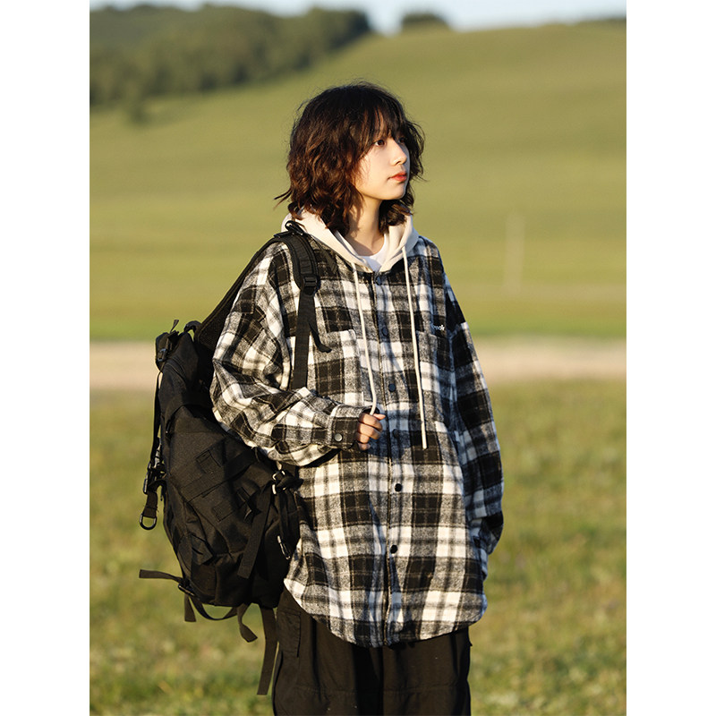 阿于呆日系假两件连帽格子长袖衬衫男秋季宽松慵懒百搭衬衣外套女