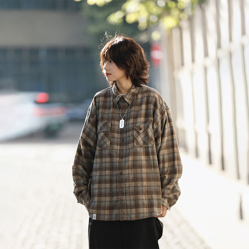 阿于呆日系复古秋冬格子长袖衬衫男宽松情侣慵懒风休闲衬衣外套女