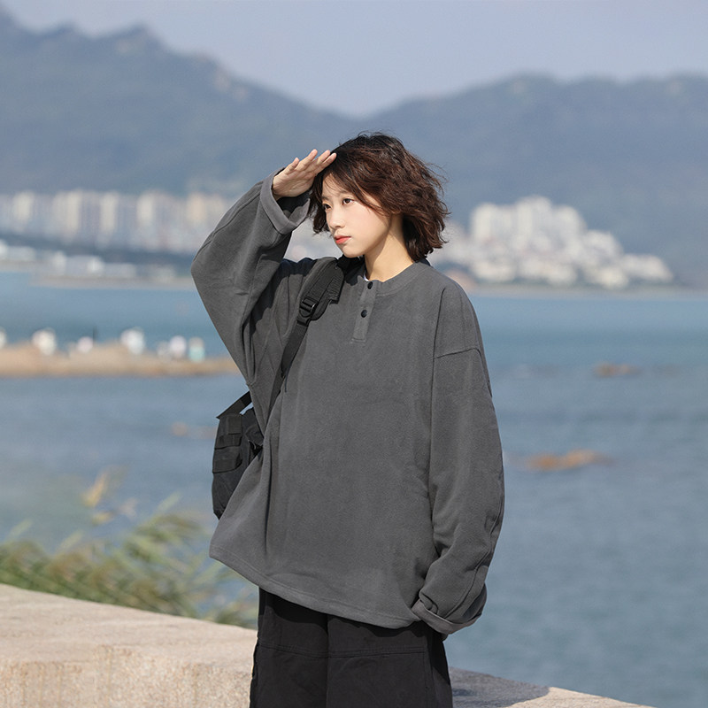 阿于呆日系复古亨利领摇粒绒卫衣男秋冬宽松情侣休闲套头外套女潮,淘宝优惠券,粉丝福利购,淘宝优惠卷