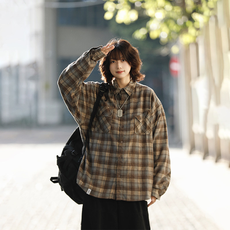 阿于呆日系复古秋冬格子长袖衬衫男宽松情侣慵懒风休闲衬衣外套女