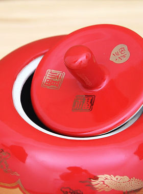 景德镇陶瓷器中式中国红带盖平安果储物罐工艺品客厅摆件家居酒柜