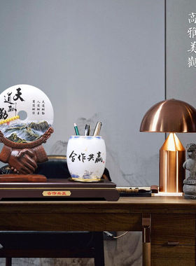 汉京玉石平安扣笔筒摆件老板办公室桌面实用工艺品公司开业乔迁礼