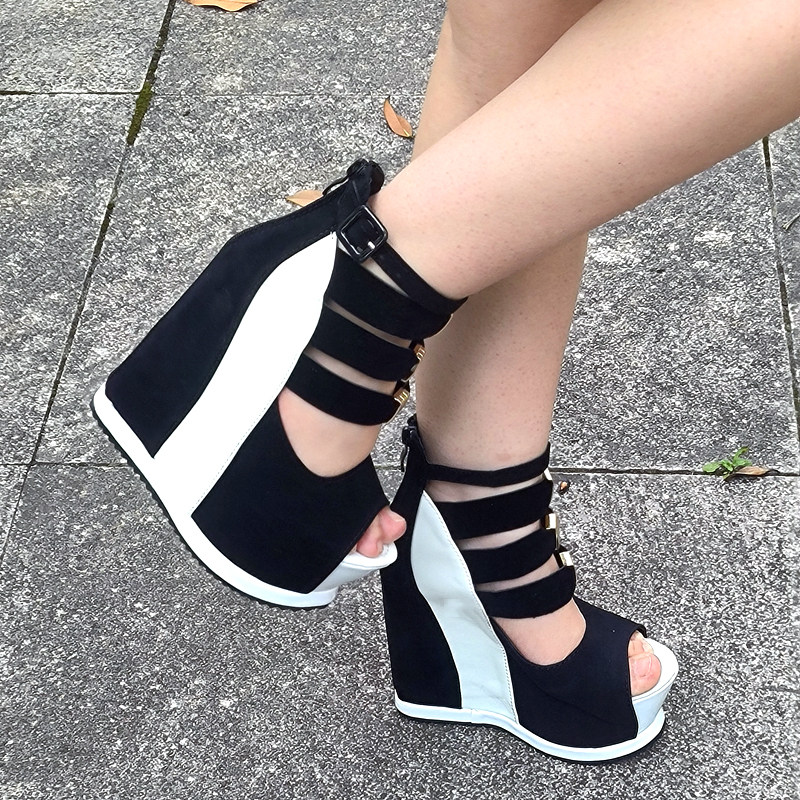 超高跟防水台女厚底坡跟时装凉鞋鱼嘴鞋拼色百搭夏季时尚性感女鞋,淘宝优惠券,粉丝福利购,淘宝优惠卷