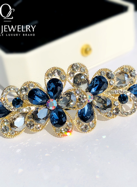 蓝色水晶发夹弹簧夹半扎发后脑勺发卡气质蝴蝶高级感发饰镶钻顶夹