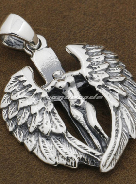摇滚风纯银天使之翼十字架吊坠