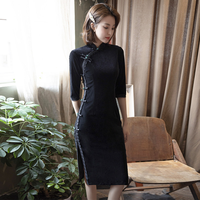 金丝绒旗袍秋冬2021新款黑色连衣裙 夜树旗袍